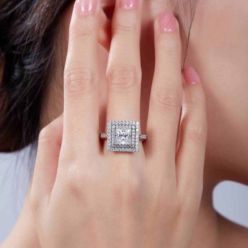豪镶正方形S925银镀白金MoissaniteWomen's Ring2.0ctD级